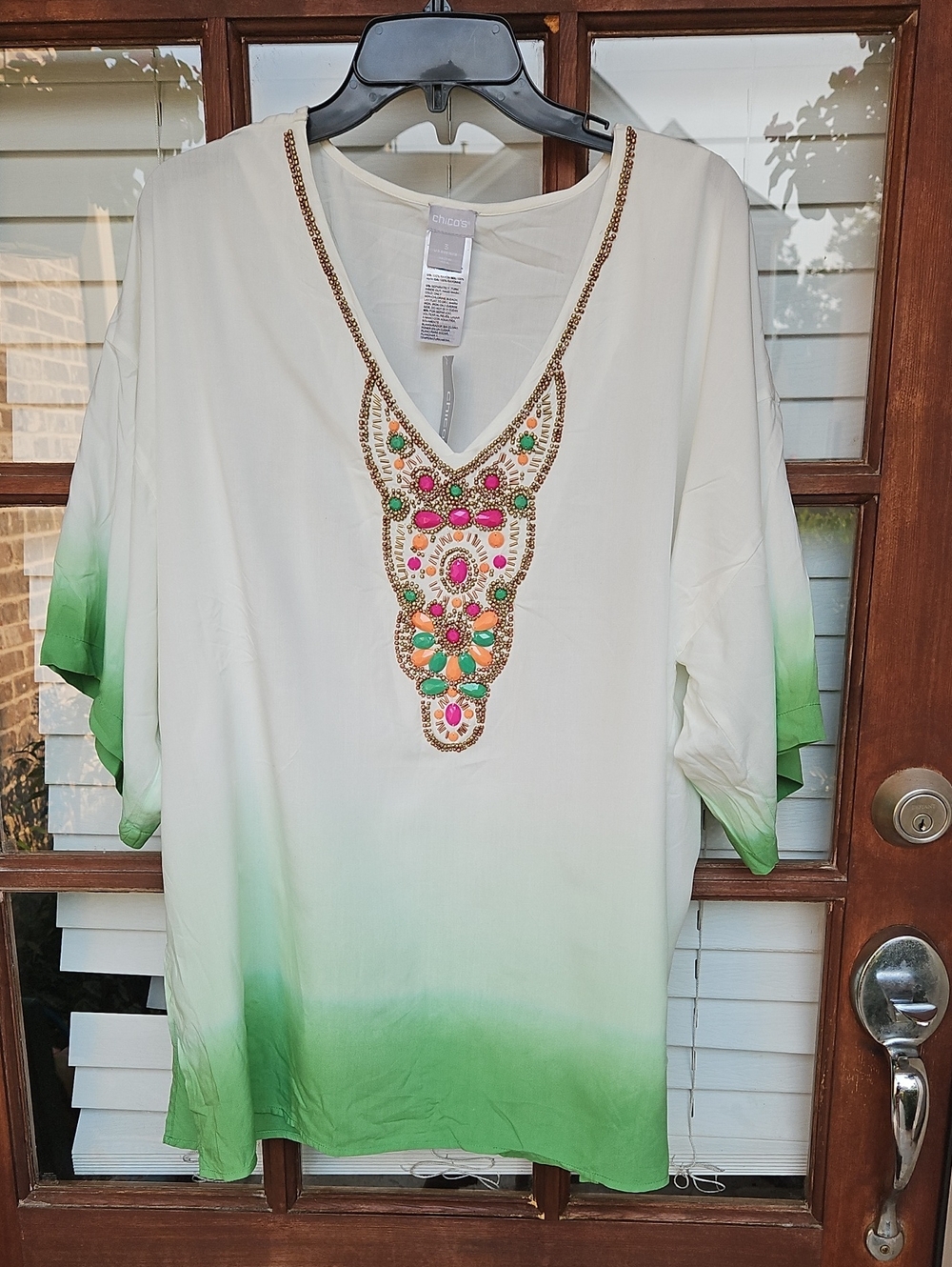 NWT! Chico's White to Green Ombre Tunic with Multicolor Beaded V-Neck's Top - Picture 1 of 6
